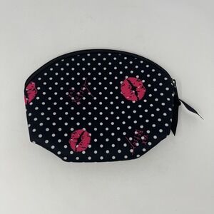 Betsey Johnson XOX Cosmetic Make Up Bag Pouch Polka Dot Lips Neoprene Black Pink